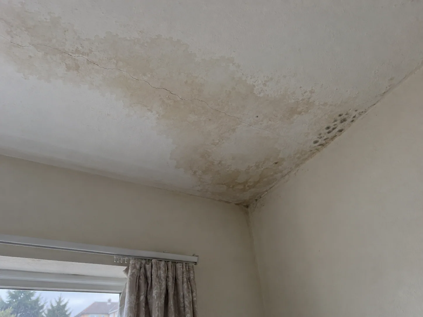 Water stain spreading across a bedroom ceiling in Dallas