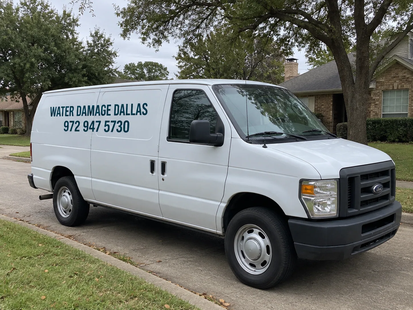 Water Damage Dallas work van parked on a residential street in Dallas, Texas