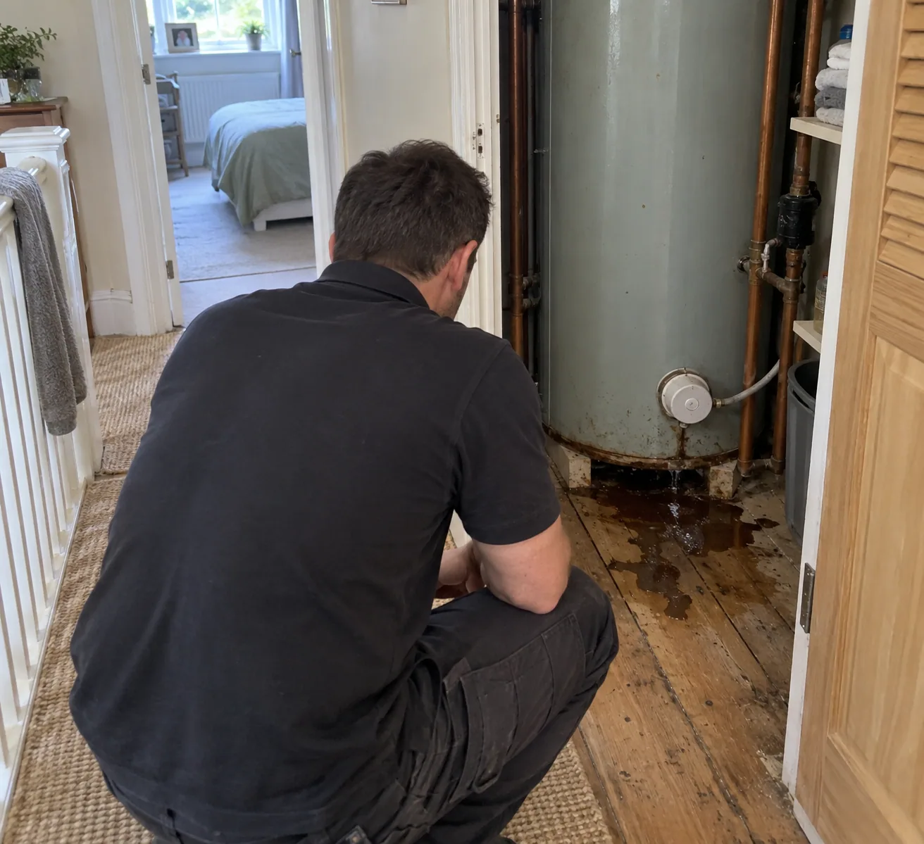 Technician checking a leaking hot water cylinder in a Dallas property
