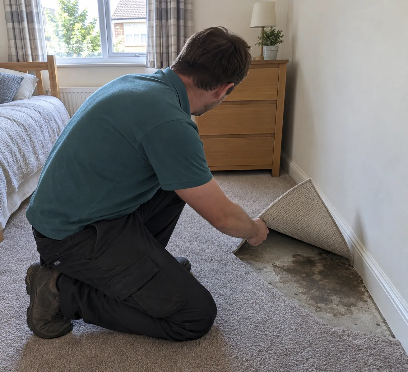 Technician lifting carpet to reach water beneath in a Dallas home