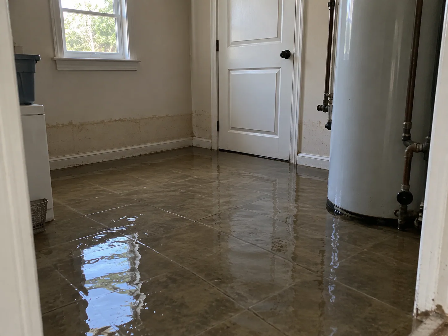 Standing water across a Dallas utility room floor