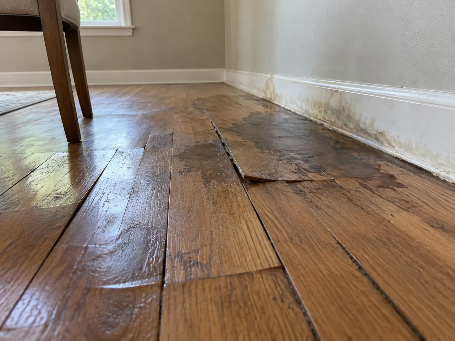 Buckled hardwood flooring from water damage in a Dallas dining room