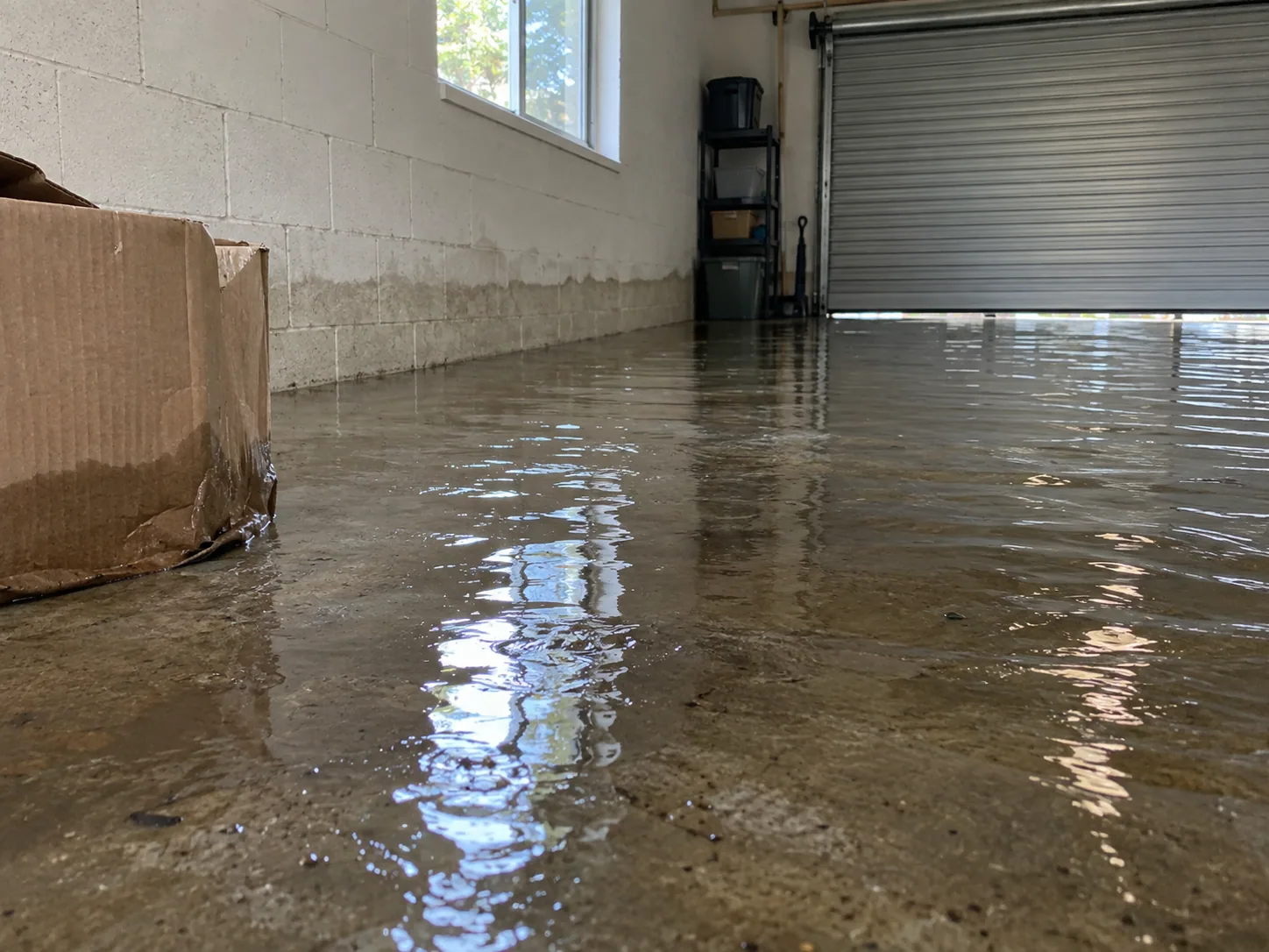 Standing water pooled on a Dallas garage floor