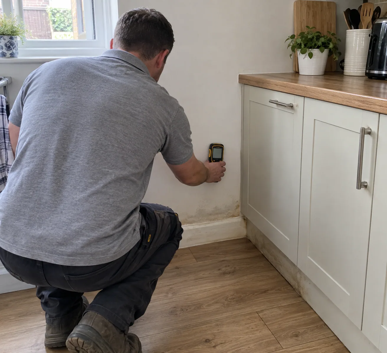 Technician taking a moisture reading in a Dallas kitchen