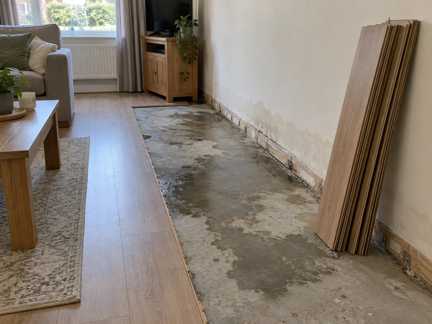 Laminate flooring lifted to dry a damp slab in a Dallas home