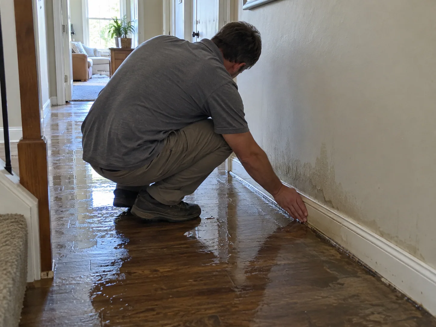 Technician checking where water has soaked into a Dallas skirting board