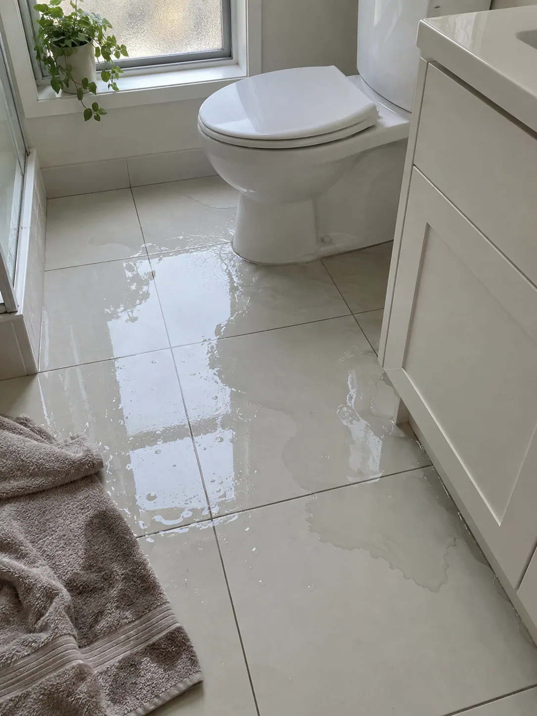 Water spreading from a toilet across a Dallas bathroom floor